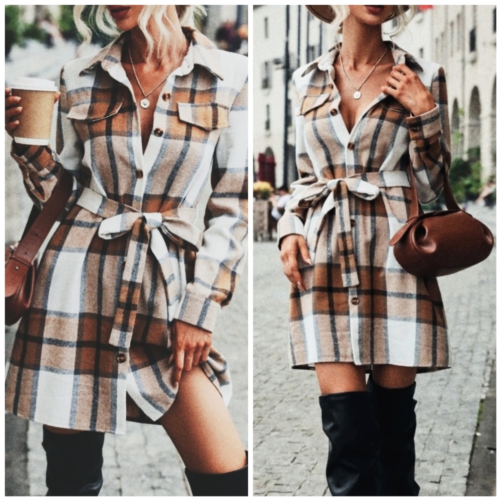 NEW Soft Distressed Flannel Plaid Shirt Dress Tan White Black Button Up